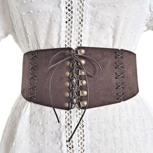 Western wide waist faux suede corset belt dark brown boho lace up stretch